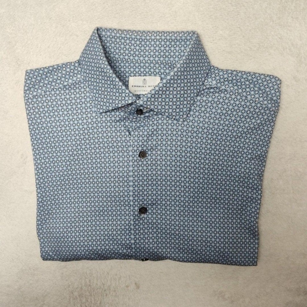 Emanuel Berg Shirt Mens 16.5 L Blue Geometric Spread Collar Slim Modern Fit